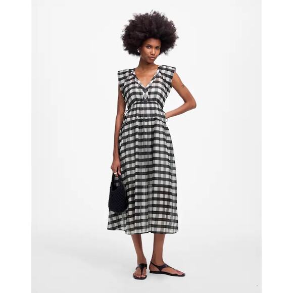 NWT Madewell Sheer V-Neck Dolman Maxi Dress in Gingham Black Size Small - Picture 1 of 10